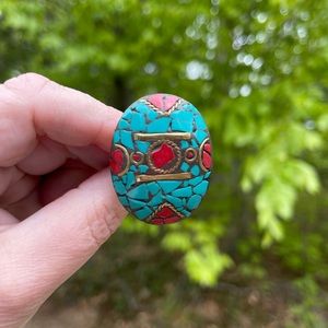 SALE 💫 Nepali Coral & Turquoise Tibetan Boho Ring ~ Adjustable